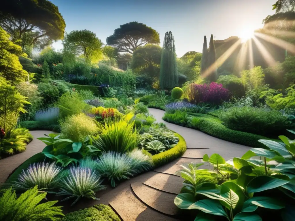 Un jardín botánico exuberante y educativo, con plantas vibrantes y etiquetas detalladas. <b>Invita a descubrir la fitoterapia para longevidad humana.