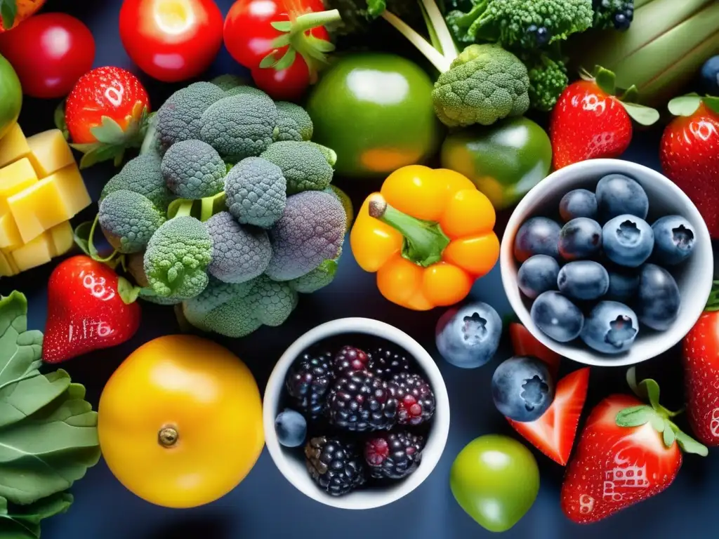 Una exuberante exhibición de frutas y verduras antioxidantes, con un enfoque moderno y vibrante. <b>Captura la esencia de los efectos de los antioxidantes en longevidad.