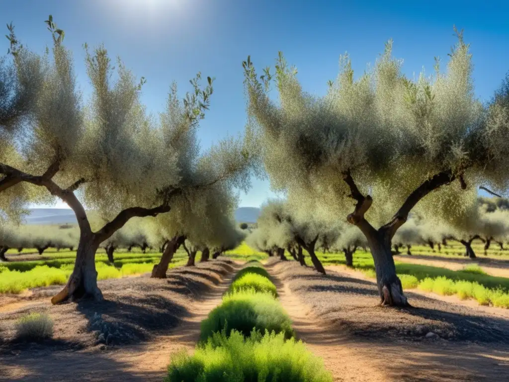 Un exuberante olivar bañado por el sol, con árboles de olivo vibrantes y un cielo azul claro. <b>Abejas y mariposas revolotean entre las flores, mientras el aroma dulce y terroso de las aceitunas llena el aire.</b> Una antigua pared de piedra rodea el