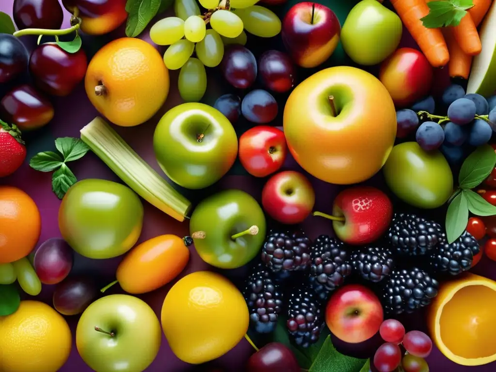 Una exuberante variedad de frutas y verduras frescas se superponen en un patrón artístico, evocando vitalidad y salud para la dieta prevención manejo diabetes tipo 2.