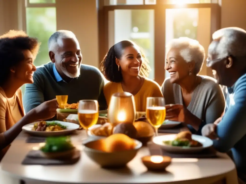 Una familia multigeneracional disfruta de una comida, compartiendo historias con amor y apoyo. <b>Importancia del apoyo familiar en longevidad.