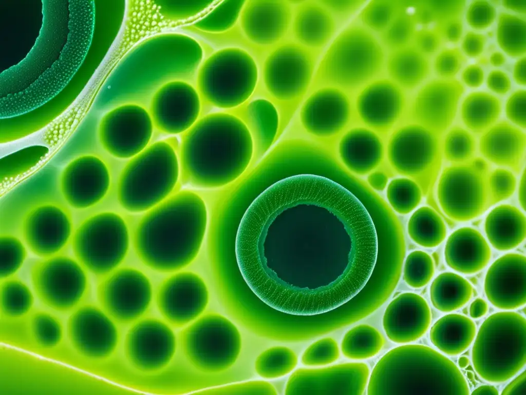 Una fascinante imagen en alta resolución de microalgas de espirulina y clorela bajo un microscopio, mostrando detalles celulares, un vibrante color verde y su intrincada superposición. Captura la precisión científica y la belleza de estos superalimentos a nivel microscópico. Benef