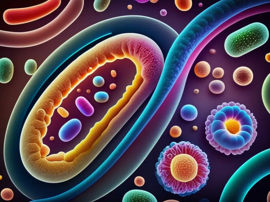 Un fascinante retrato de la diversa microbiota intestinal y su conexión con la longevidad humana, con detalles intrincados y colores vibrantes.