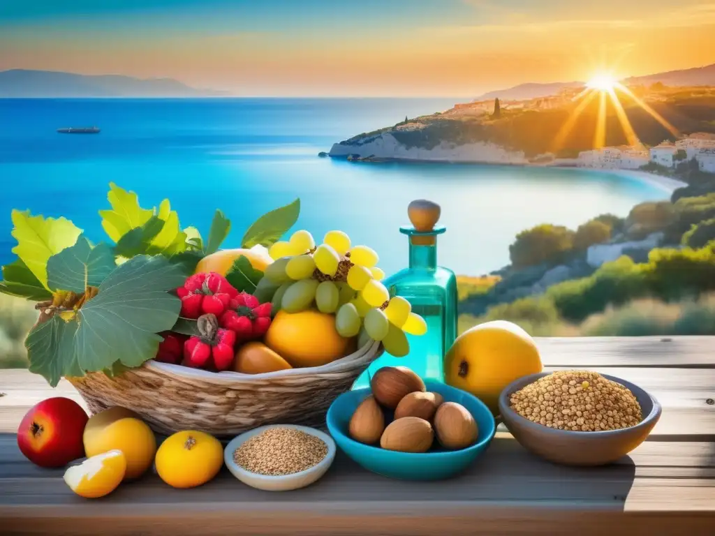 Un festín mediterráneo bañado por el sol con frutas, verduras y frutos secos. <b>Alimentos para maximizar longevidad.