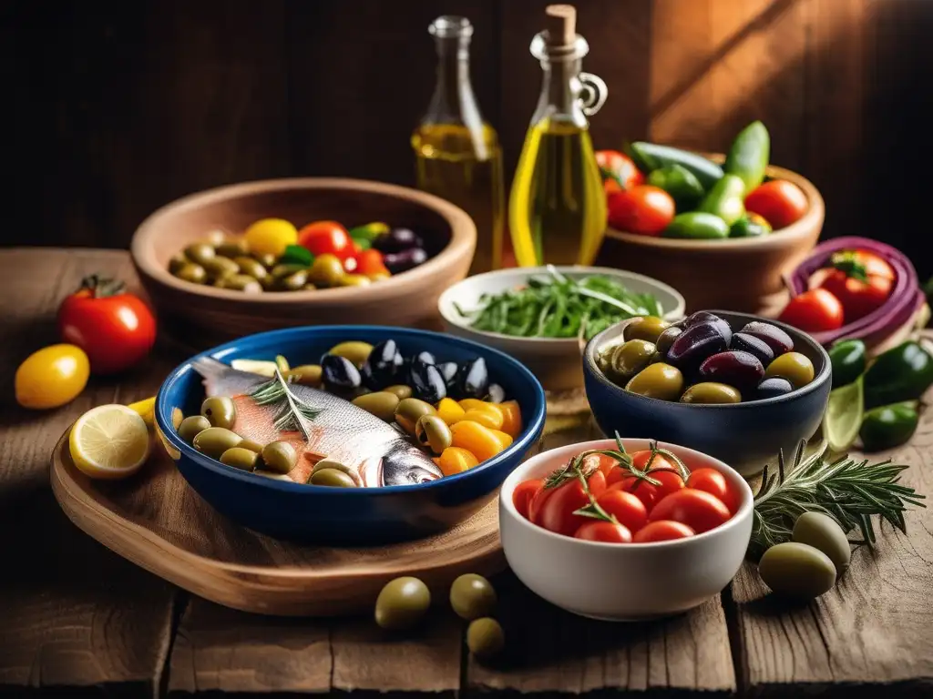 Un festín mediterráneo vibrante y colorido en una mesa rústica de madera resalta la diversidad y riqueza de la dieta mediterránea. <b>Los rayos de sol realzan los colores naturales de los alimentos, creando una escena visualmente cautivadora que encarna los beneficios de longevid