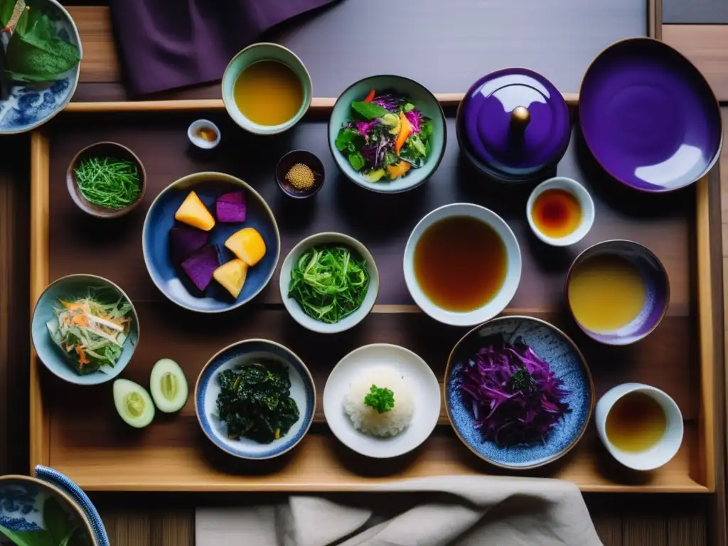 Un festín tradicional okinawense con colores vibrantes y una presentación artística, resaltando la esencia de la dieta Okinawa para longevidad y centenarios japoneses.