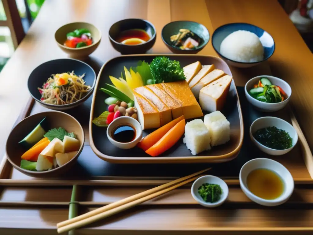 Un festín tradicional Okinawense en una mesa de madera. <b>Los vibrantes platos resaltan la dieta longevidad Okinawa con frescos ingredientes locales.