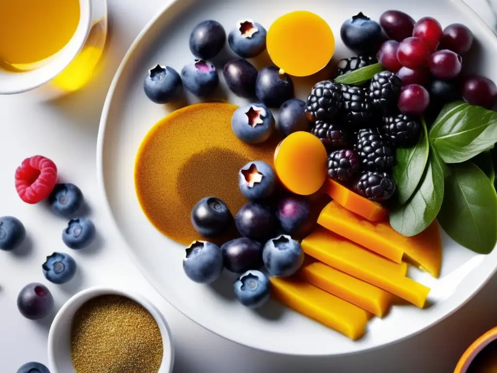 Un festín visual de superalimentos para la salud cardiovascular, con bayas, verduras y miel, en un elegante plato blanco.