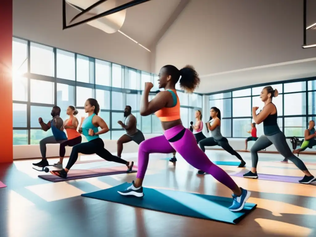 Un gimnasio moderno lleno de gente diversa realizando actividades físicas, resaltando la importancia de la actividad física para la salud y el bienestar.