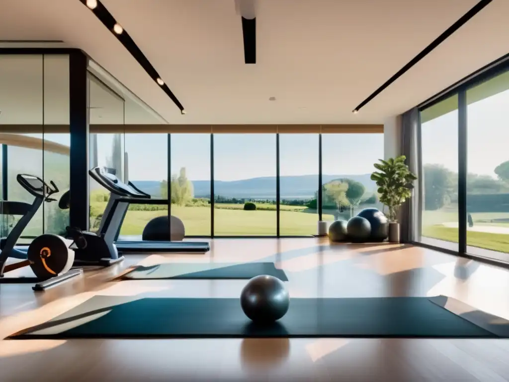 Un gimnasio moderno y sereno con vistas a un paisaje verde y pacífico. <b>Equipado con luz natural y espacio amplio.</b> Personas practican yoga y mindfulness, promoviendo los beneficios del ejercicio y mindfulness.