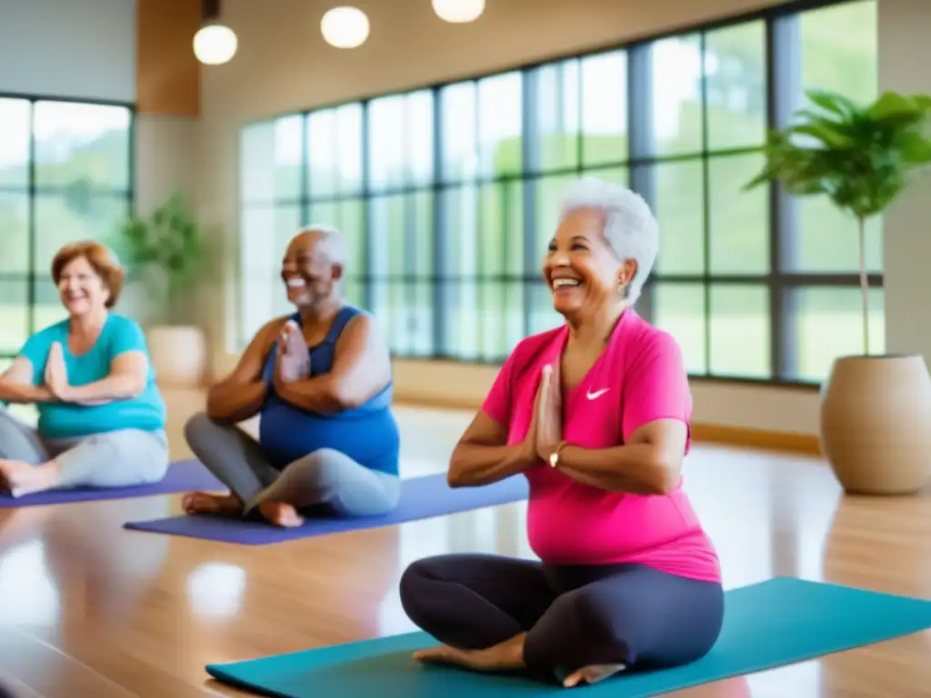 Un grupo de adultos mayores disfruta de actividades físicas en un moderno centro de fitness, promoviendo la personalización en tratamientos medicina talla única.