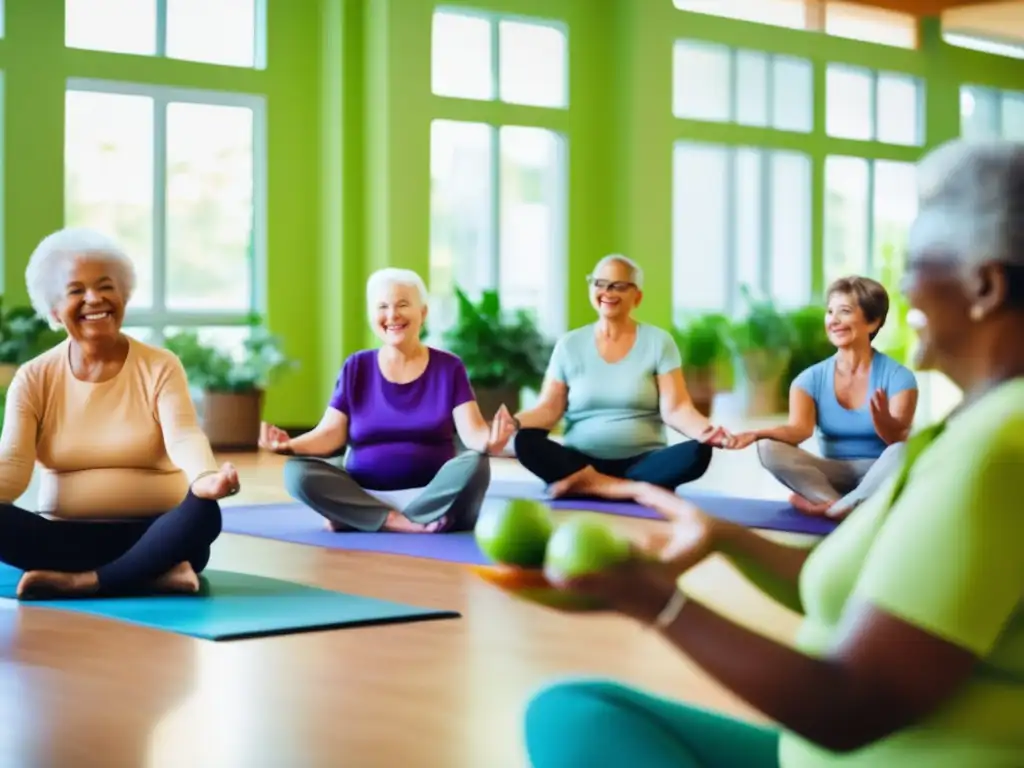 Un grupo de adultos mayores participando en actividades de yoga, jardinería y pintura en un centro comunitario luminoso y acogedor. <b>Muestran alegría y comunidad, destacando el envejecimiento activo y la longevidad humana.