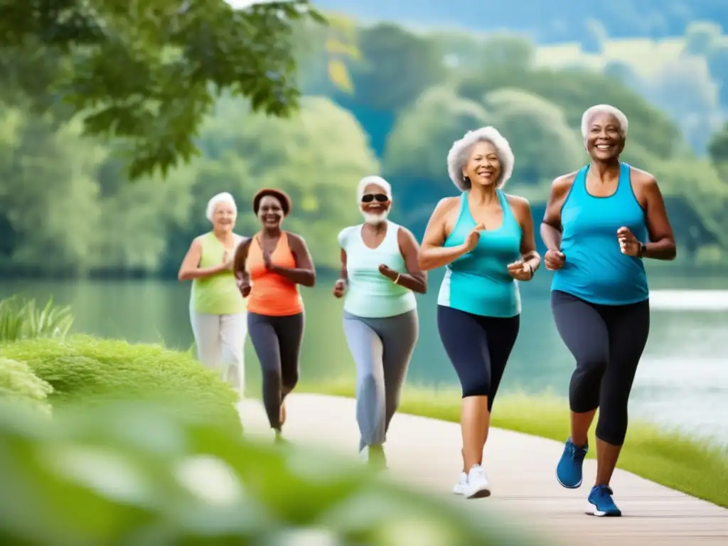 Vitalidad y bienestar: adultos mayores activos en el parque Un grupo de adultos mayores diversos practican actividades fitness al aire libre en un parque escénico, con dispositivos modernos de seguimiento de salud y fitness en sus muñecas. El paisaje de exuberante vegetación, un lago sereno y un cielo azul brillante crea una atmósfera pacífica y rejuveneced