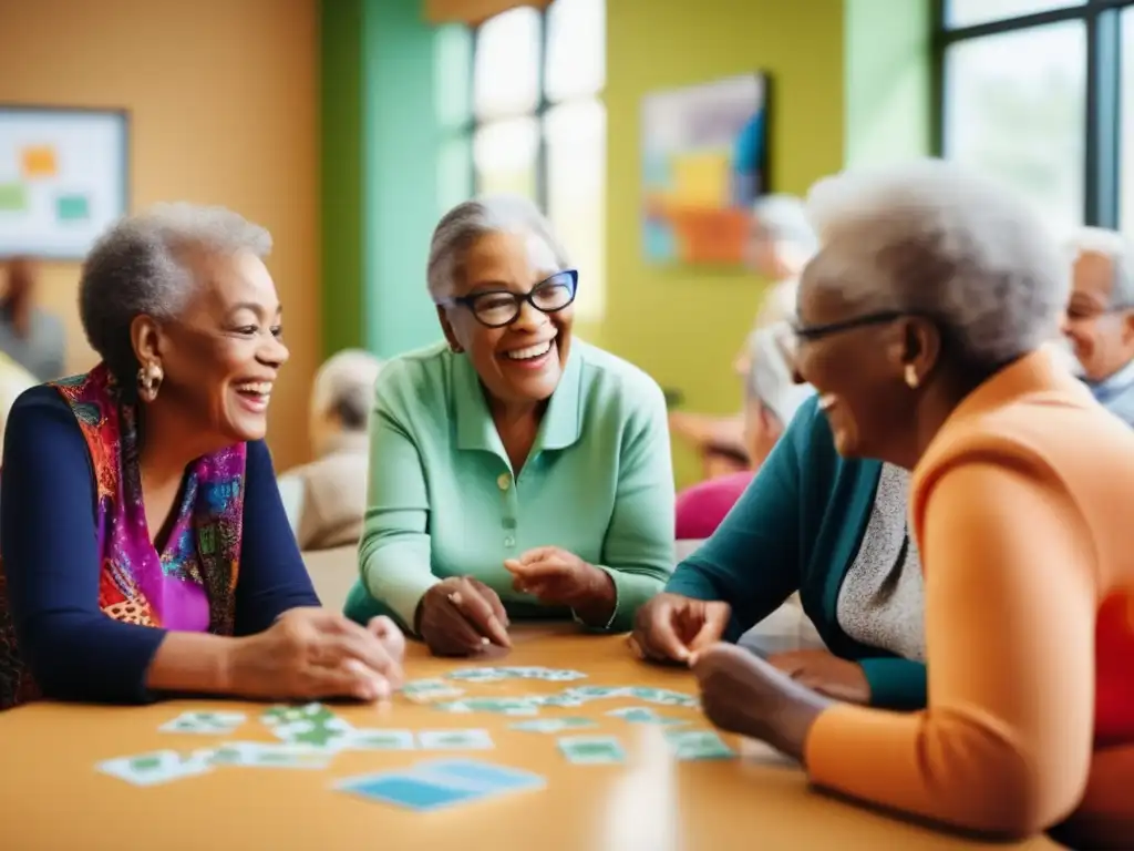 Un grupo de adultos mayores participa en actividades estimulantes para la mente en un centro comunitario moderno y luminoso, promoviendo la prevención demencia con estrategias efectivas.