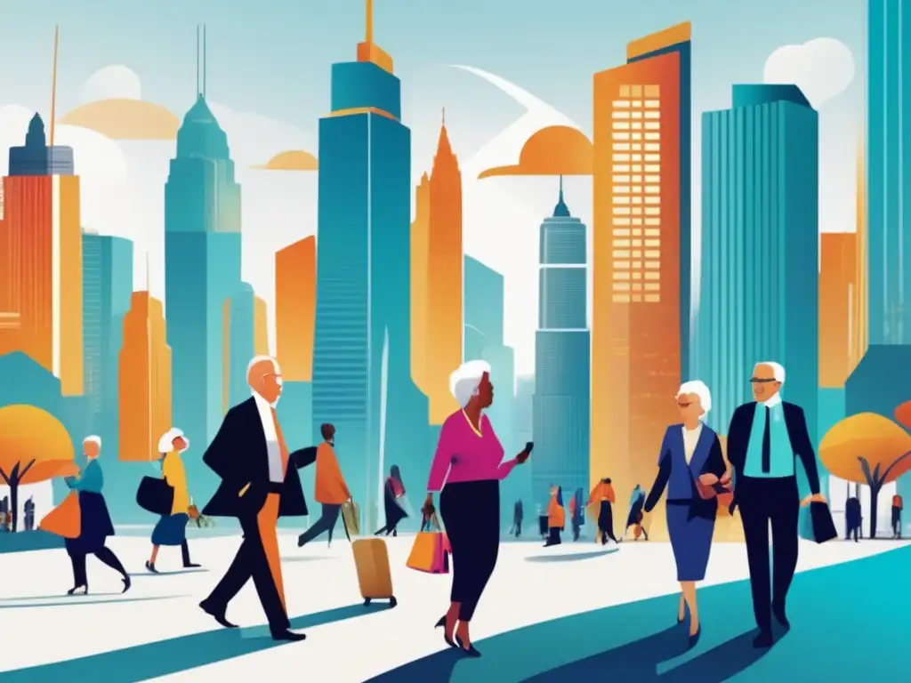 Vitalidad urbana: Seniors activos en la ciudad moderna Un grupo de adultos mayores disfruta de una animada conversación mientras pasea por una ciudad vibrante y moderna, simbolizando la vitalidad en la era actual. Fármacos senolíticos para longevidad humana.