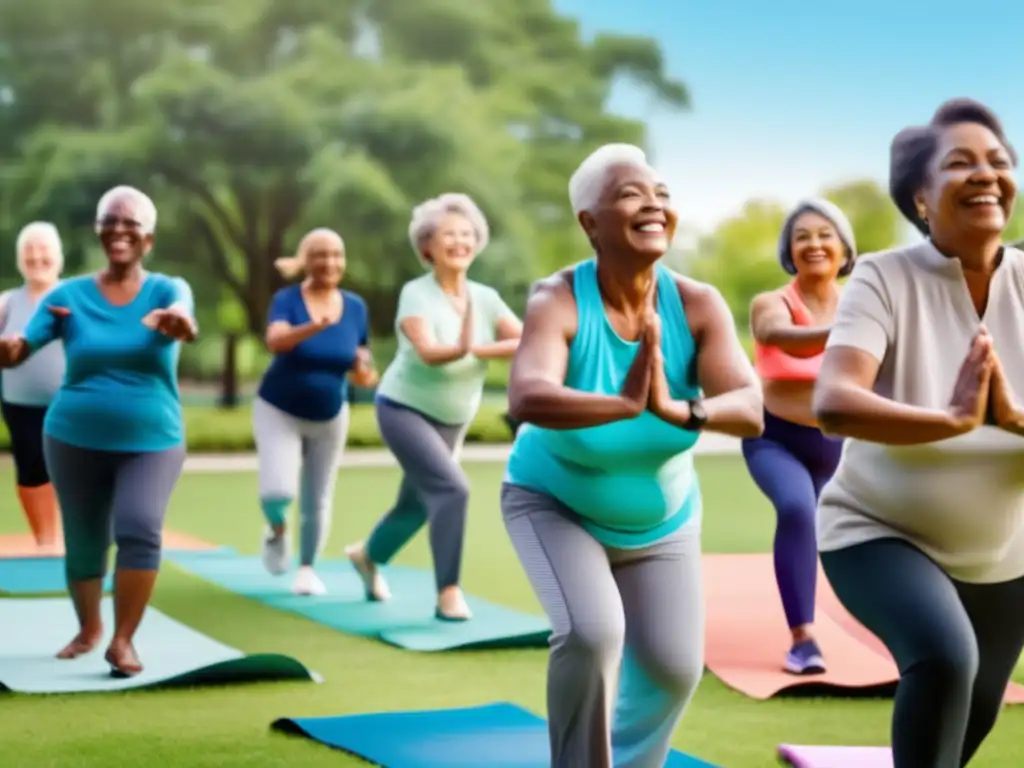 Un grupo de adultos mayores participa en una animada clase de ejercicio al aire libre en un parque, con vegetación vibrante y cielos azules de fondo. Los seniors están sonriendo y participando activamente en actividades como yoga, tai chi y caminatas, demostrando el concepto de envejecimiento activo y ética