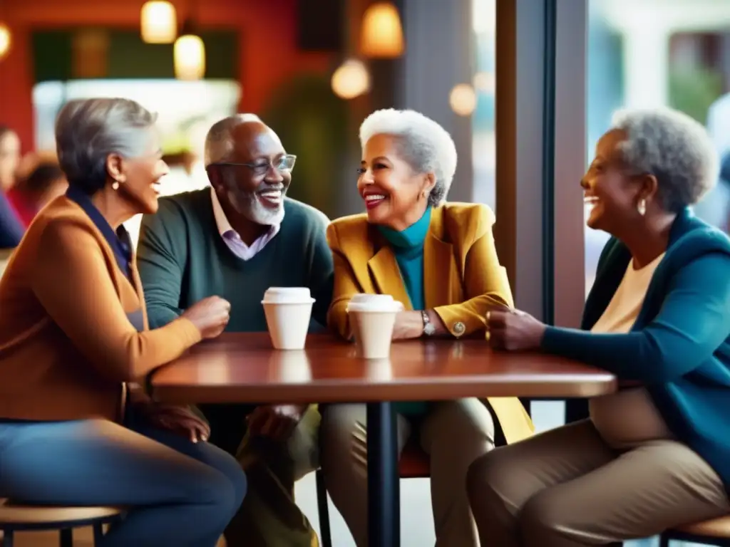 Un grupo de adultos mayores diversos disfrutando de una animada conversación en un café, con una cálida iluminación natural que resalta sus rostros y crea un ambiente de camaradería y conexión. Los colores vibrantes del entorno y las expresiones genuinas en sus rostros transmiten una fuerte sensación de interacción