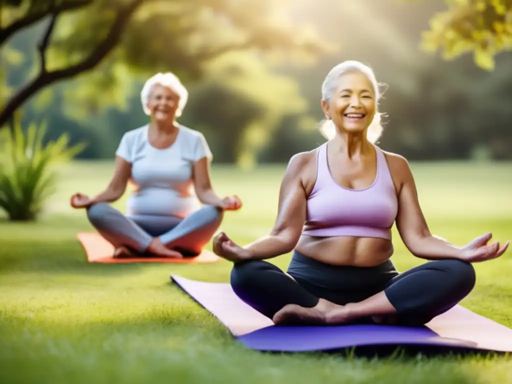 Un grupo de adultos mayores disfruta de una animada sesión de yoga al aire libre, rodeados de exuberante vegetación y bañados por cálida luz solar. Los colores vibrantes de sus esterillas de yoga contrastan con el paisaje natural, mientras sus expresiones serenas irradian vitalidad y bienestar. Cada persona está