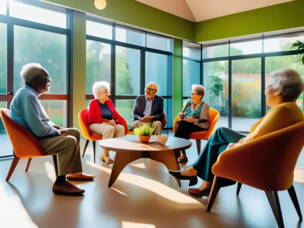 Un grupo de adultos mayores disfrutando de una animada conversación en un centro comunitario moderno y vibrante, rodeados de grandes ventanas y exuberante vegetación. La luz del sol se filtra a través del cristal, creando un cálido resplandor sobre el diverso grupo mientras interactúan y se conectan entre