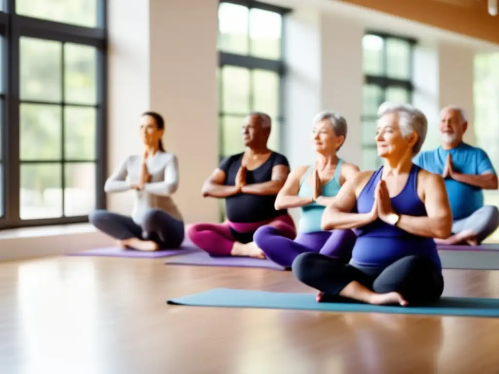 Un grupo de adultos mayores participa en una clase de yoga en un estudio luminoso y espacioso. <b>La luz natural llena la habitación, creando una atmósfera pacífica y serena.</b> <b>Los seniors practican diferentes posturas de yoga, con expresiones concentradas y un sentido de determinación calmada.</b> El instructor los guía con