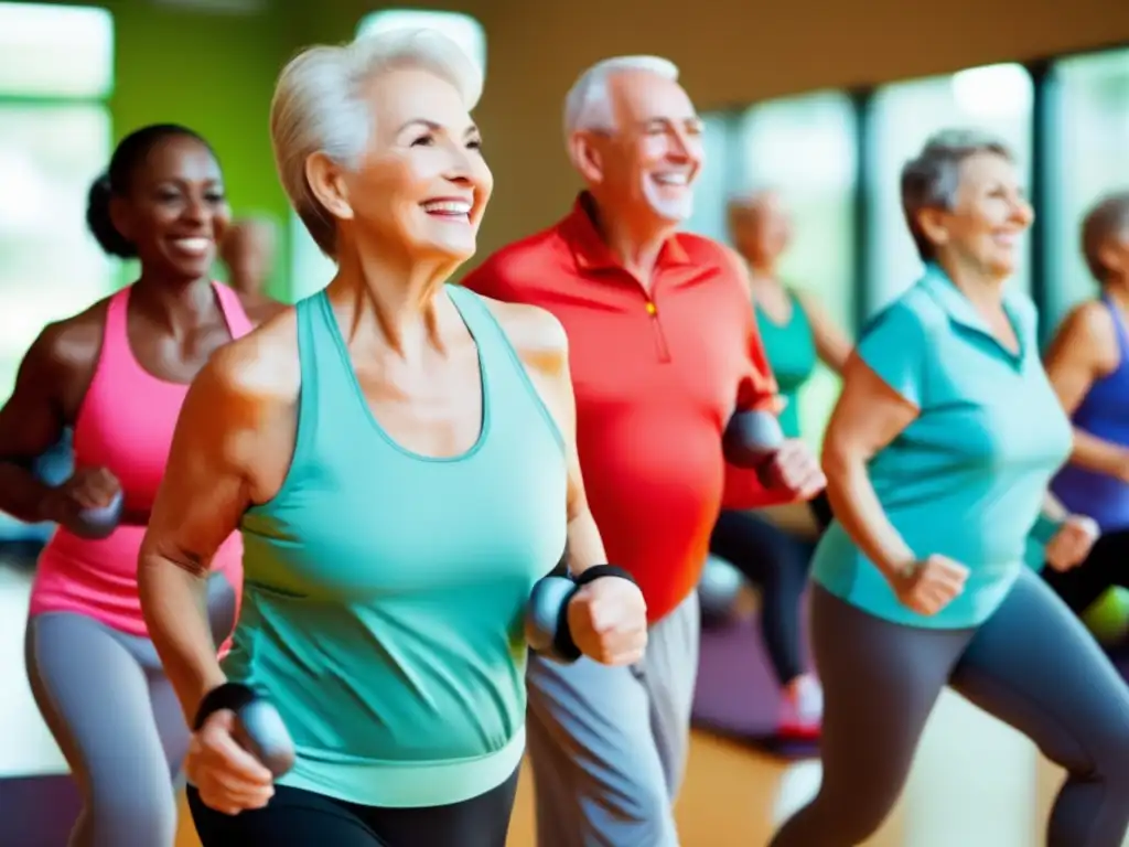 Un grupo de adultos mayores participando en una clase de fitness, mostrando vitalidad y salud gracias a los efectos de la rapamicina en longevidad.