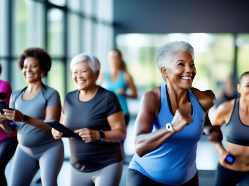 Clase de fitness para adultos mayores con tecnología de vanguardia
