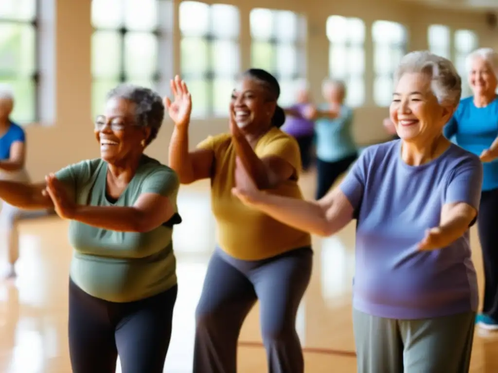 Un grupo de adultos mayores participando en una clase de ejercicio comunitario en un gimnasio espacioso y luminoso, realizando actividades como yoga, tai chi y levantamiento de pesas liviano. La sala está llena de luz natural, los adultos mayores están sonriendo e interactuando entre ellos, creando una atmósfera