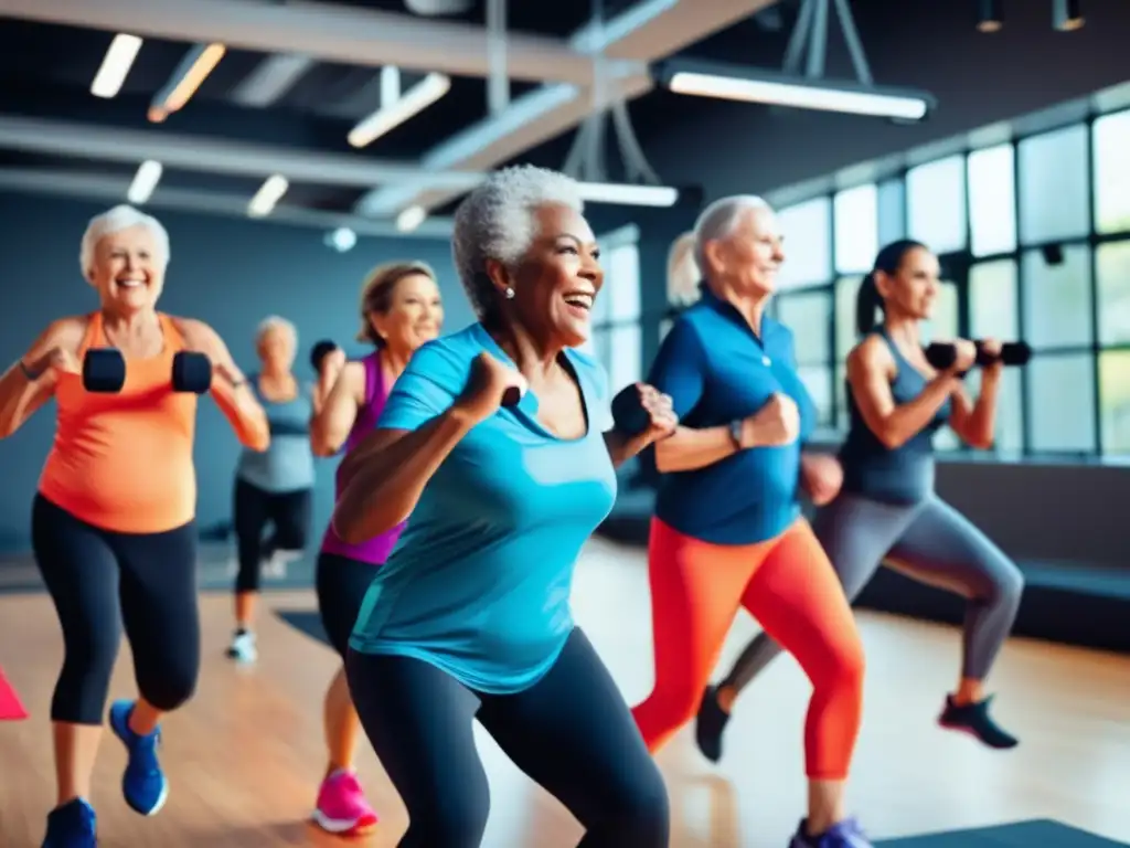 Un grupo de adultos mayores participando en un entrenamiento de intervalos de alta intensidad en un estudio de fitness moderno y bien iluminado. Los participantes muestran determinación y vitalidad, destacando el enfoque innovador en programas de fitness mejorados por la tecnología para promover una vida más larga.