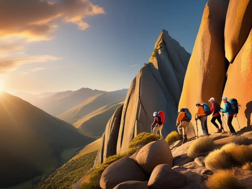 Un grupo de adultos mayores escala una imponente pared rocosa en una majestuosa cordillera, demostrando los beneficios de la escalada para longevidad.