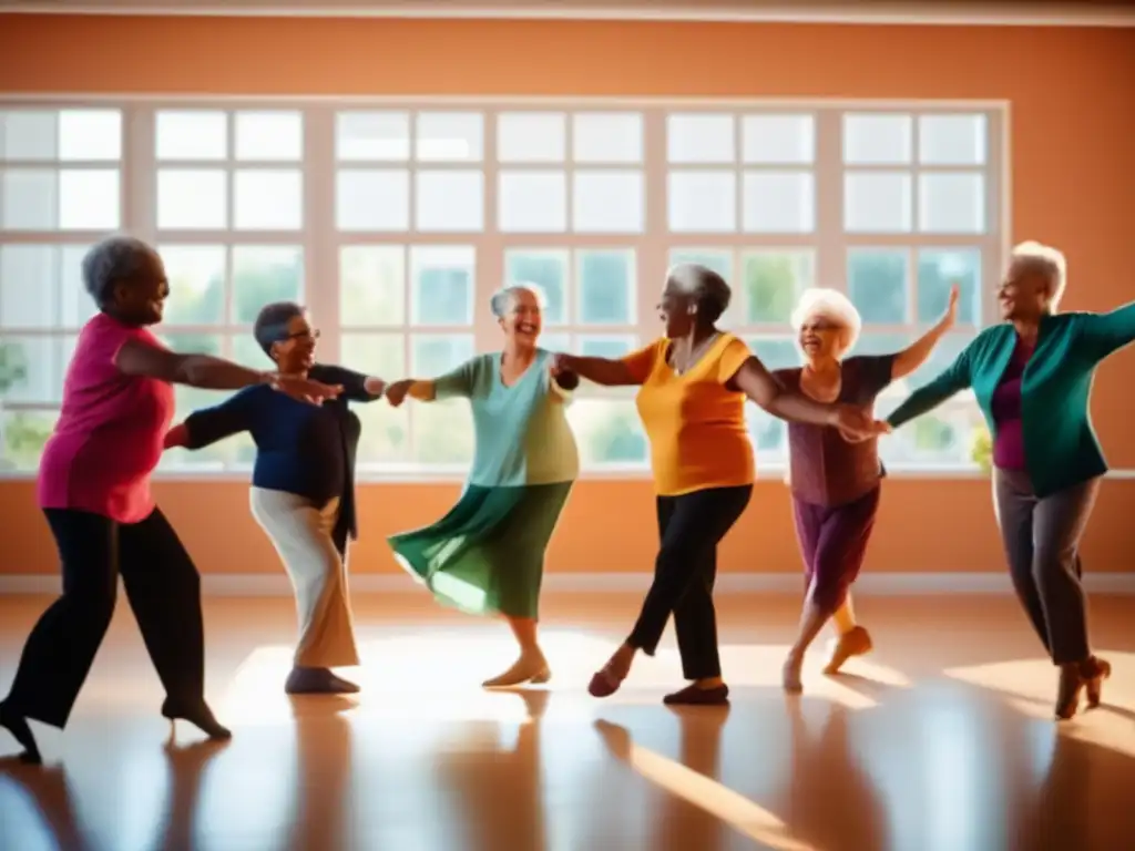 Un grupo de adultos mayores baila con gracia y alegría en un estudio de baile luminoso, irradiando vitalidad. Ejercicios de baile para longevidad