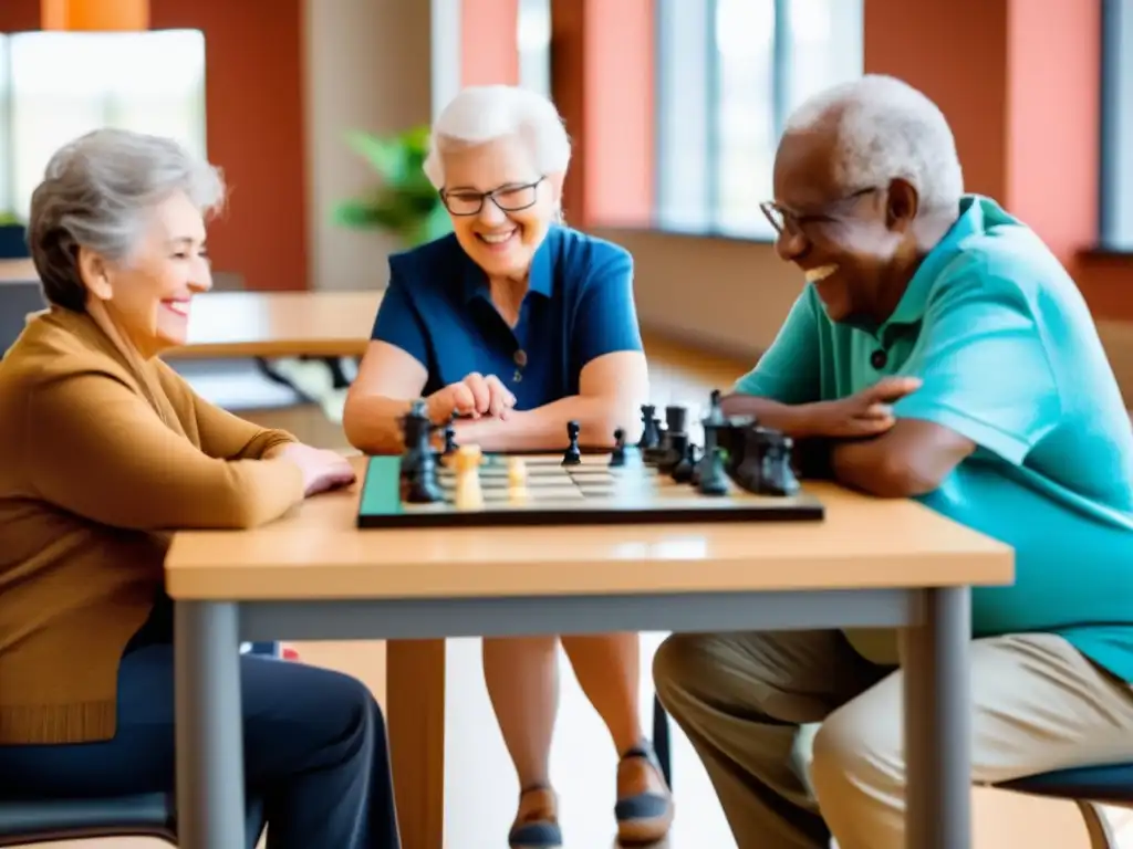 Seniors disfrutan de actividades cognitivas en centro comunitario moderno Un grupo de adultos mayores disfruta de juegos mentales en un centro comunitario moderno y luminoso, fomentando la interacción social y el cuidado cognitivo con medicamentos nootrópicos en envejecimiento.