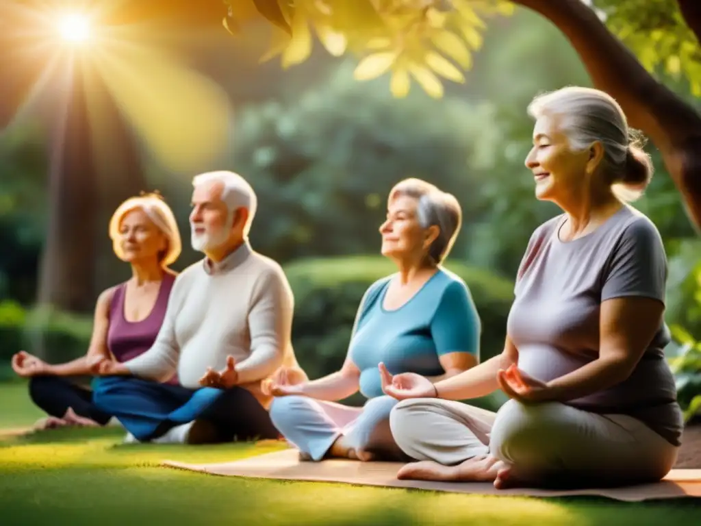 Un grupo de adultos mayores practicando mindfulness en un jardín tranquilo, rodeados de naturaleza, promoviendo longevidad saludable.