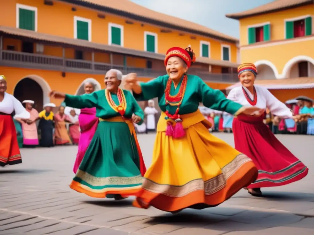 Un grupo de adultos mayores bailando en una plaza, reflejando la resiliencia y calidez del entorno social.