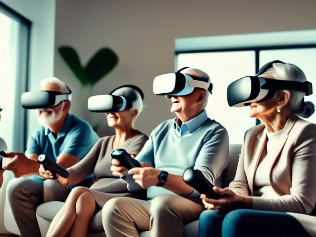 Un grupo de adultos mayores experimentando realidad virtual en una sala moderna y luminosa, mostrando asombro y emoción. <b>Mejorar resiliencia vejez tecnología digital.