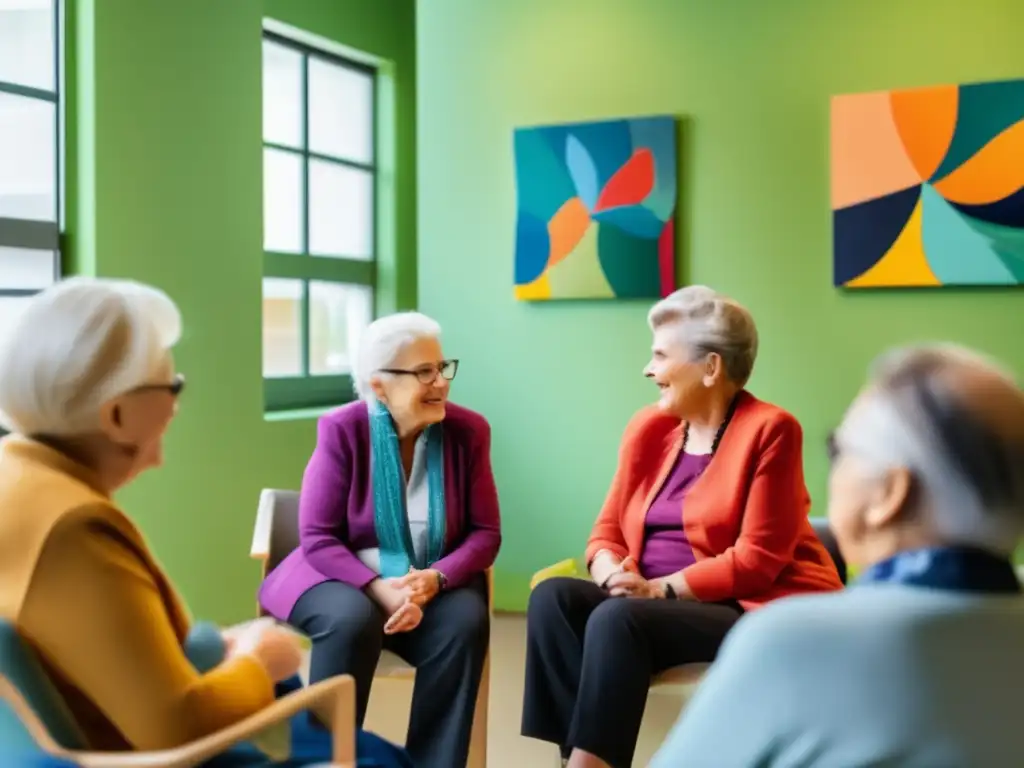 Un grupo de adultos mayores participando en una sesión de coaching en neuroplasticidad, con una atmósfera de positividad y crecimiento.