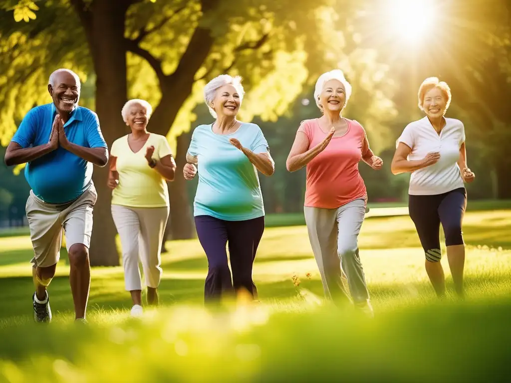 Un grupo de adultos mayores sonrientes disfruta de actividades físicas en un parque verde, irradiando vitalidad y alegría. <b>Consejos para longevidad saludable.