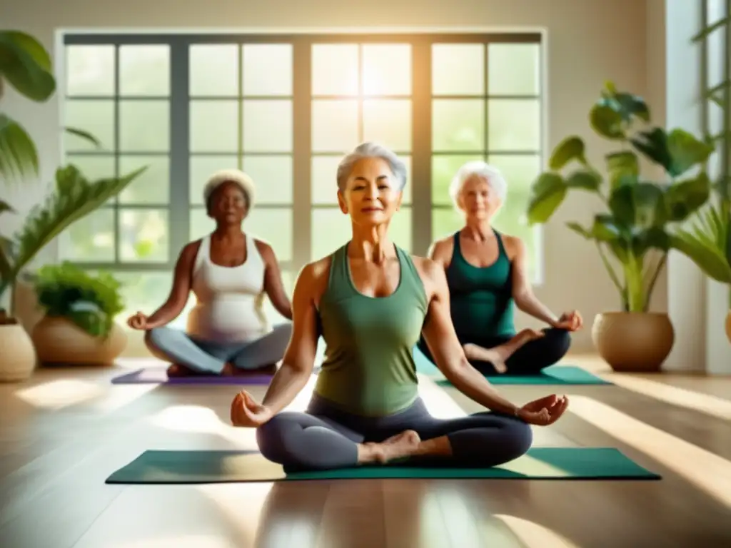 'Grupo de adultos mayores practicando yoga en un estudio sereno, irradiando equilibrio y fuerza. <b>Importancia del estiramiento para longevidad.'