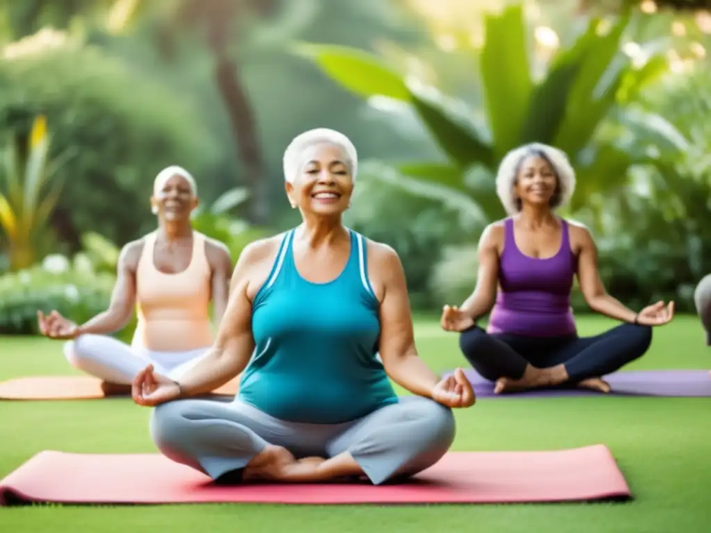 Un grupo de adultos mayores practicando yoga en un jardín sereno, vistiendo ropa deportiva moderna. <b>Captura la belleza del envejecimiento saludable en un retiro de longevidad.