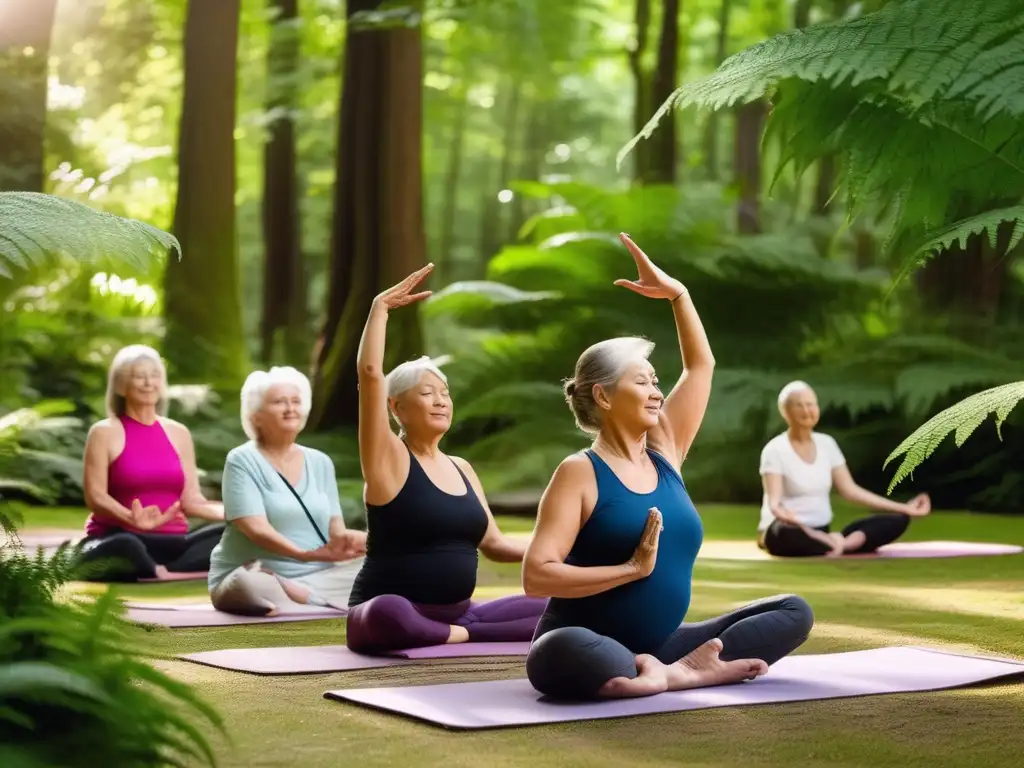 'Grupo de adultos mayores practicando yoga en un bosque exuberante. <b>Beneficios retiros longevidad naturaleza.'