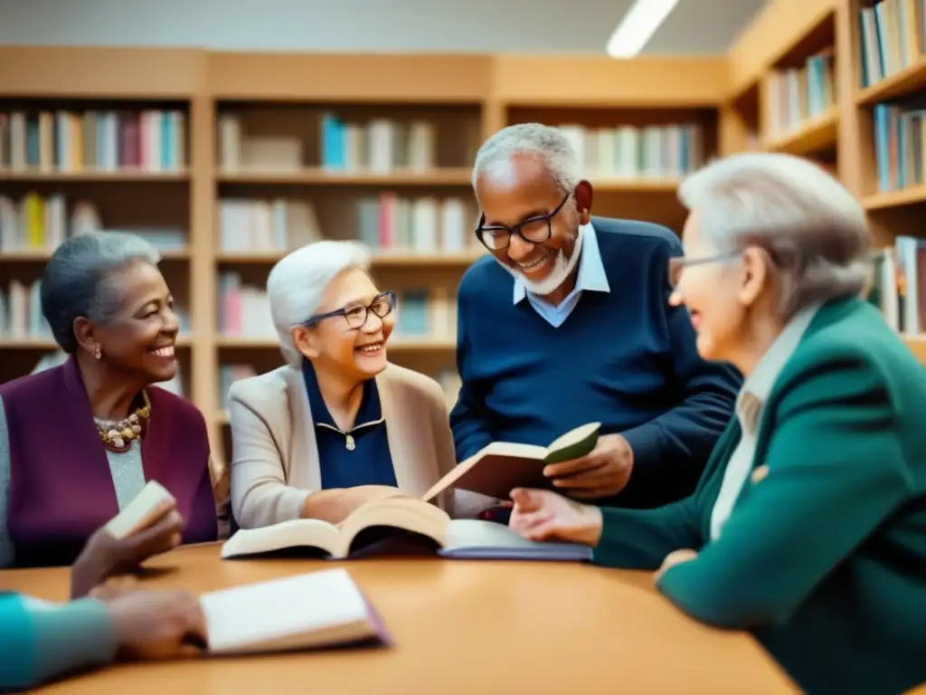 'Grupo de ancianos conversando animadamente en un centro comunitario moderno y bien iluminado, rodeados de estanterías llenas de material educativo y literatura científica. La atmósfera vibrante sugiere un fuerte estímulo intelectual y aprendizaje continuo, mientras que el grupo diverso de