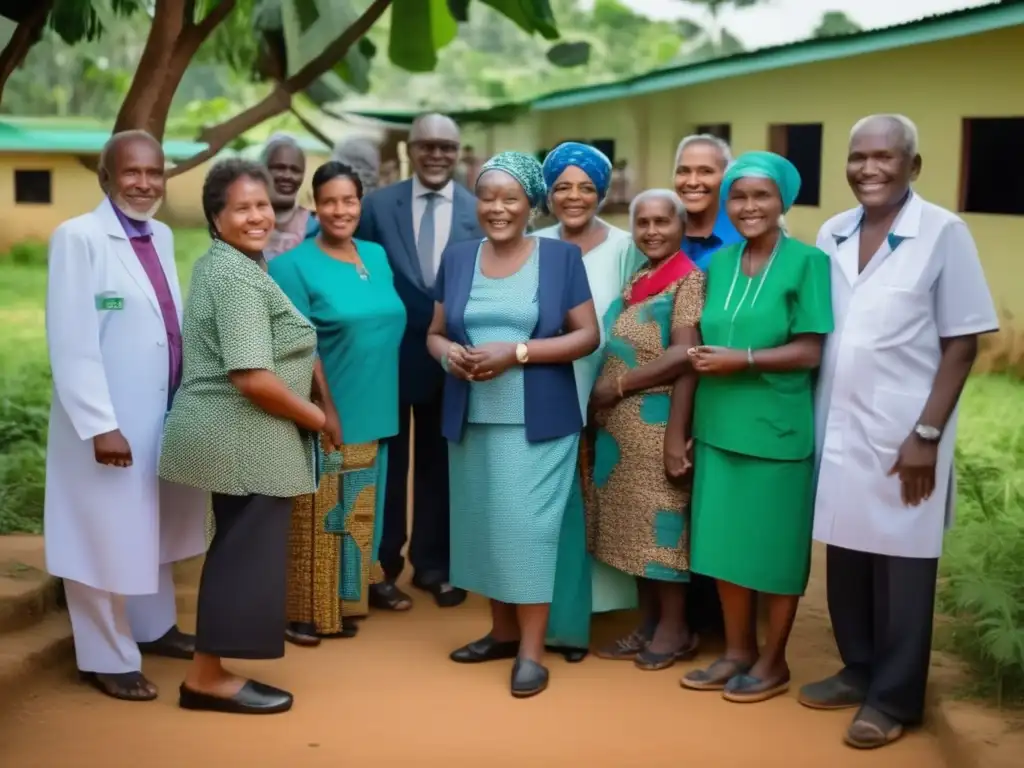 Un grupo de ancianos de una comunidad desfavorecida recibe cuidados en una clínica médica moderna, rodeada de vegetación exuberante, símbolo de esperanza y progreso en el impacto tecnológico en longevidad poblaciones desfavorecidas.