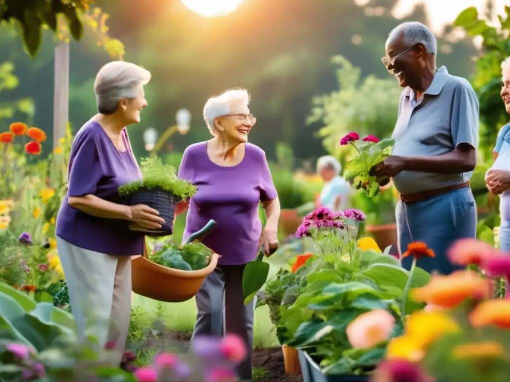 Un grupo de ancianos cuida un jardín comunitario al atardecer, rodeados de naturaleza exuberante. <b>Políticas públicas longevidad cambio climático.