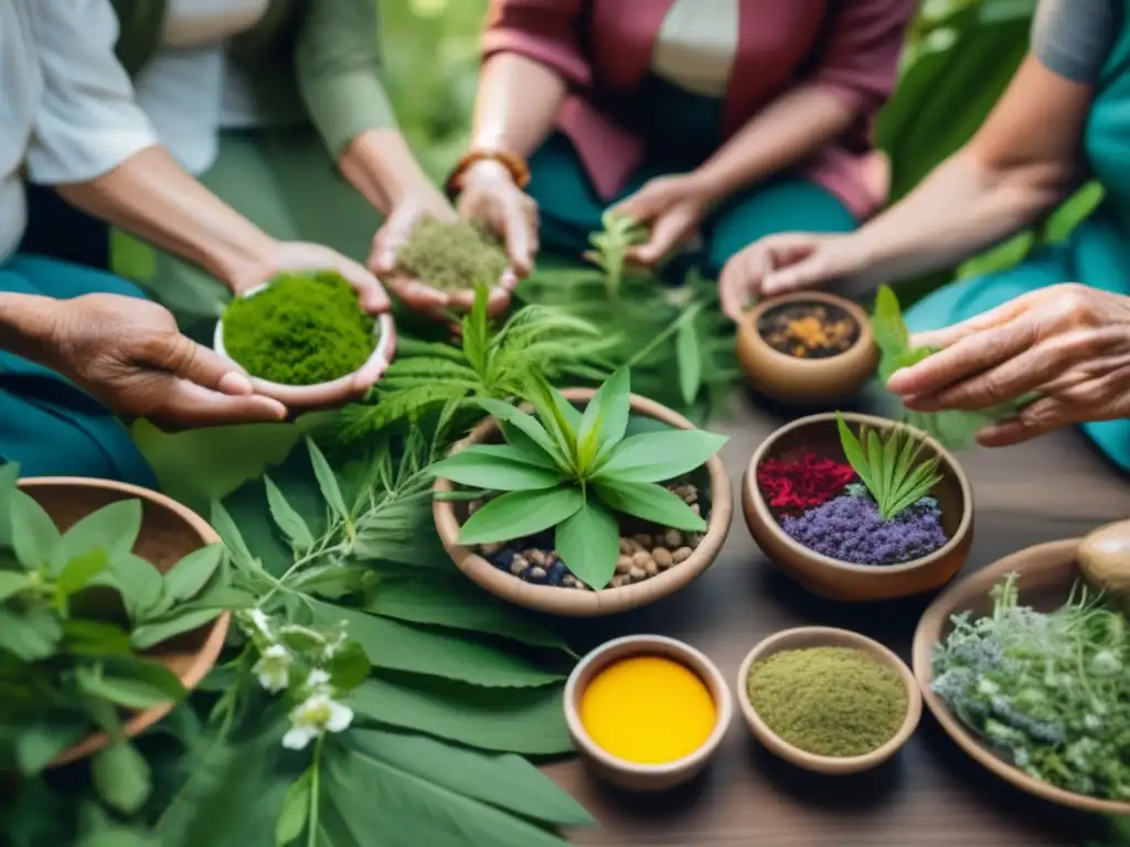 Un grupo de ancianos de diversas culturas practicando medicina natural para longevidad humana en un entorno natural exuberante.