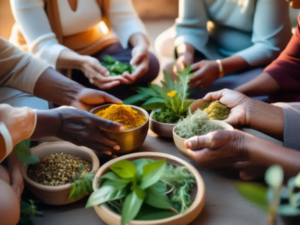 Un grupo de ancianos de diversas culturas practicando medicina natural para longevidad humana, rodeados de hierbas y plantas.