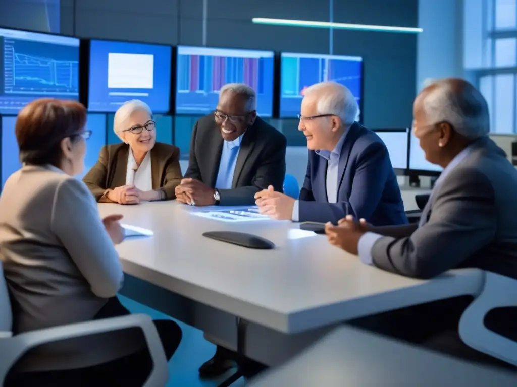 Un grupo de ancianos diversos participa activamente en una discusión en un laboratorio de investigación, rodeados de equipos científicos avanzados y datos visuales. <b>Estudios longitudinales redefiniendo vejez.