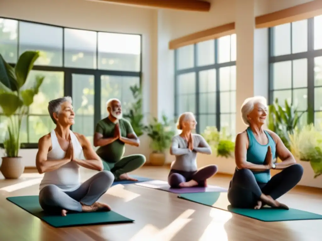 Un grupo de ancianos practica yoga en un estudio sereno y soleado, demostrando fuerza y equilibrio en diversas posturas. El ambiente irradia tranquilidad y resiliencia, con plantas verdes y un diseño moderno que refleja los consejos para una longevidad saludable.