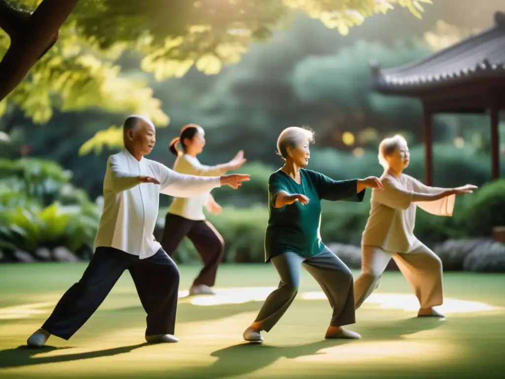 Un grupo de ancianos practica tai chi en un jardín exuberante y tranquilo, expresando vitalidad y serenidad. <b>Ejercicio para retrasar envejecimiento.