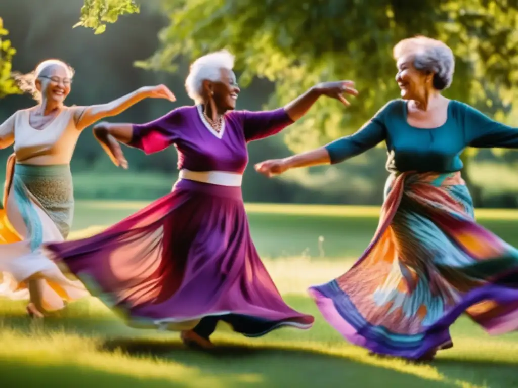 Un grupo de ancianos bailando con gracia y alegría en un entorno natural, transmitiendo vitalidad y armonía. <b>Beneficios de la danza para longevidad.