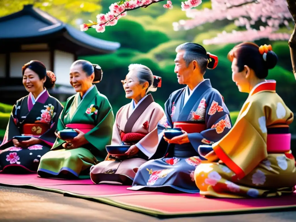 Un grupo de ancianos de Okinawa, Japón, celebra una ceremonia del té en un entorno natural, vistiendo coloridos kimonos. La luz del sol crea una atmósfera cálida y serena, capturando la riqueza cultural. Libros sobre culturas longevas