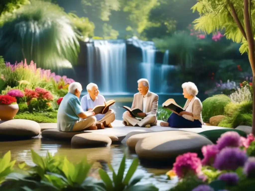 Un grupo de ancianos conversa animadamente en un jardín soleado, rodeados de flores y vegetación exuberante. <b>Cada persona sostiene un libro o participa en una actividad intelectualmente estimulante, irradiando sabiduría y agudeza mental.</b> Al fondo, una cascada serena se vierte en